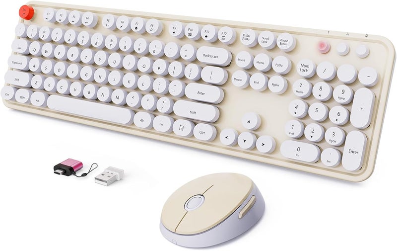 SkyGive Wireless Keyboard and Mouse Combo, Ergonomic Full Size Typewriter Retro Round Keycaps Keyboard, Compatible with Windows, PC, Perfer for Home and Office Keyboards (Beige - Image 1